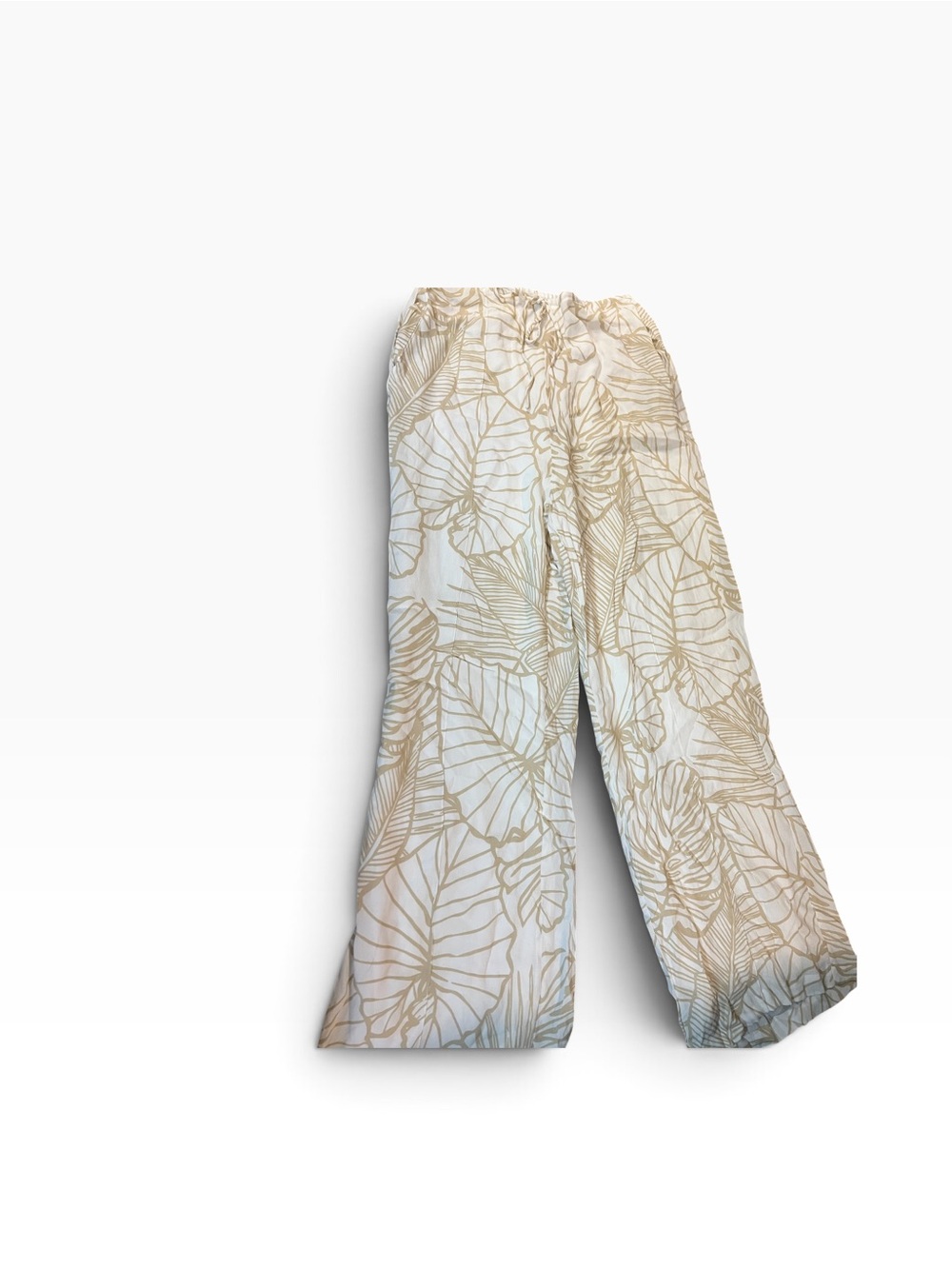 DISSH Cream Wide Leg High Rise Bottoms with Tan Leaf Print